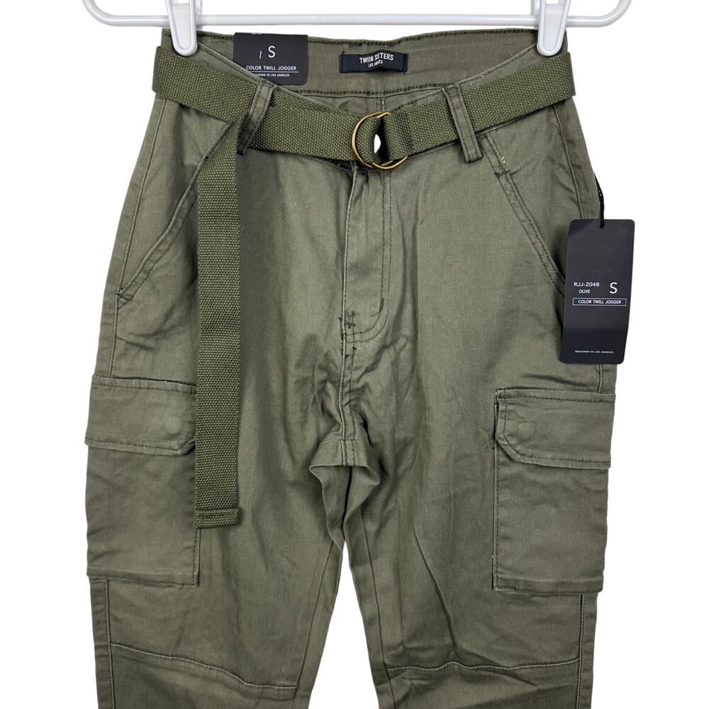 Women's TWIIN Sisters LA Olive Color Twill Jogger Utility Zip Up Cargo Pants S - Picture 2 of 9